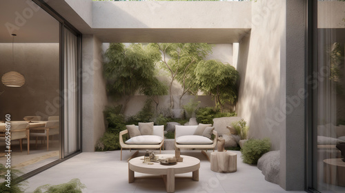 An outdoor living area with furniture and outdoor lighting  in the style of village  minimalist style  organic stone carvings  minimalist modernism  Generative AI