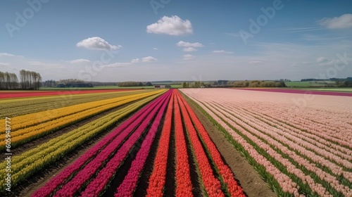 Immerse yourself in a sea of vibrant tulips as you wander through the enchanting tulip fields of the Netherlands. Generated by AI.