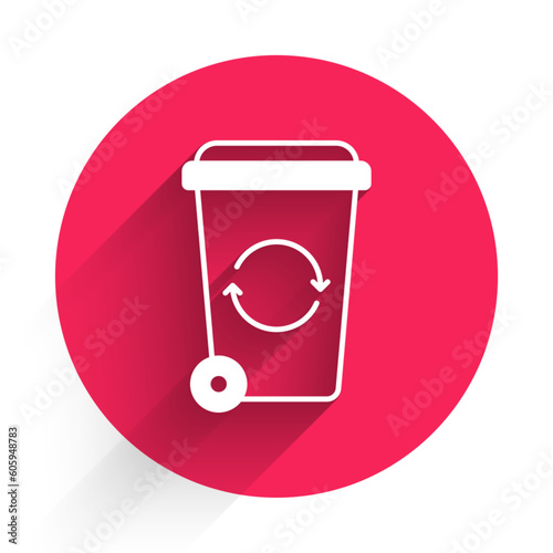 White Recycle bin with recycle symbol icon isolated with long shadow background. Trash can icon. Garbage bin sign. Recycle basket sign. Red circle button. Vector