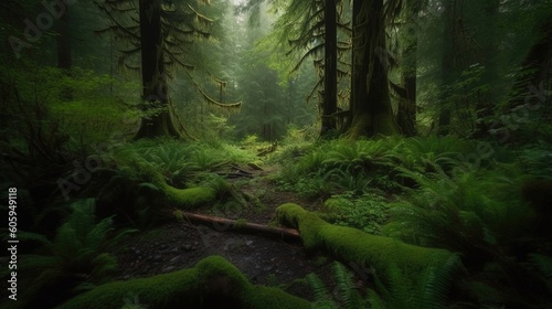 The Pacific Northwest unveils a breathtaking sight of a lush green forest, where sunlight filters through the canopy. Generated by AI. © Кирилл Макаров