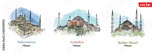  Turkey, Istanbul touristic mosque. Vector, illustrations. 