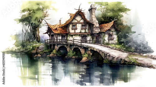 A watercolor painting of a house on a bridge. Generative AI.