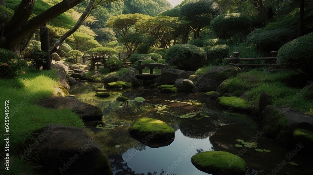 Within the boundaries of a peaceful Japanese garden, time seems to slow down as visitors wander along winding paths. Generated by AI.