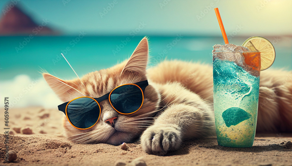 Katze am chillen mit Sonnenbrille am Strand trinkt cocktail im Urlaub