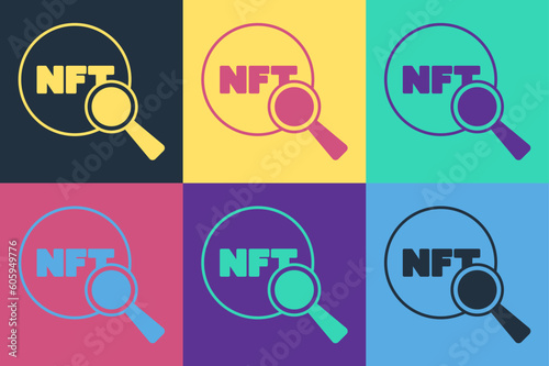Pop art Search NFT icon isolated on color background. Non fungible token. Digital crypto art concept. Vector
