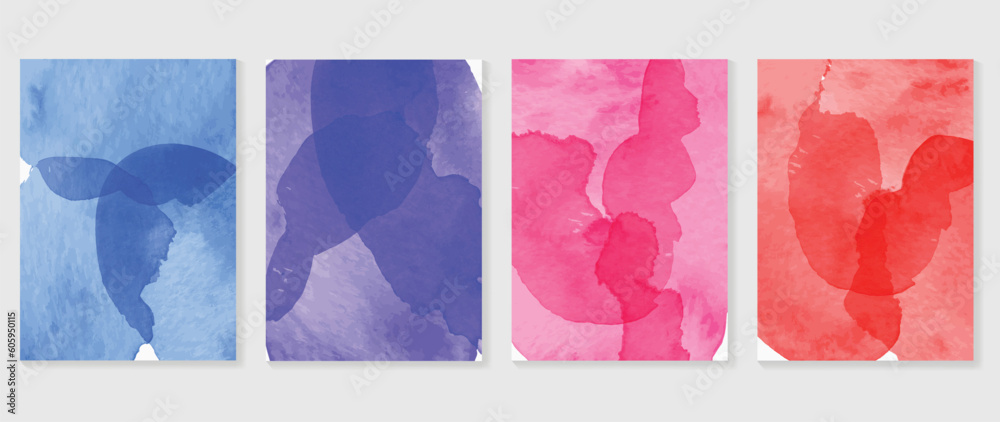 Watercolor art background cover template set. Wallpaper design with paint brush, pink, red, blue, purple color, brush stroke. Abstract illustration for prints, wall art and invitation card, banner.