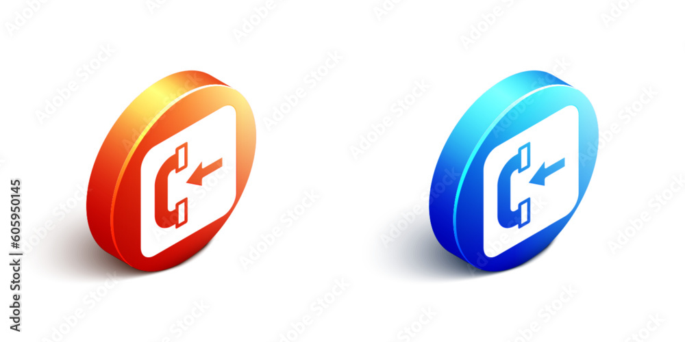 Isometric Incoming call phone icon isolated on white background. Phone sign. Telephone handset. Orange and blue circle button. Vector Isometric Incoming call phone icon isolated on white background. Phone sign. Telephone handset. Orange and blue circle button. Vector