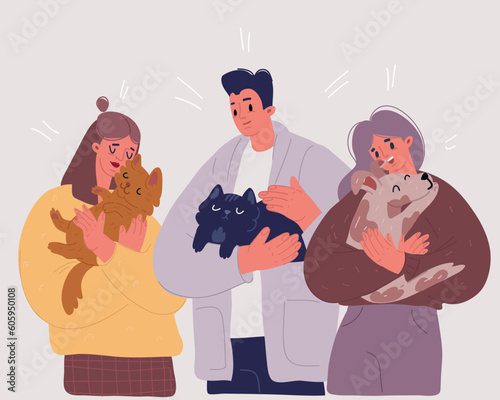 Vector illustration of Set of happy pet owners with dogs and cats. Collection of people playing, hugging, cuddling with four-legged animal friends.
