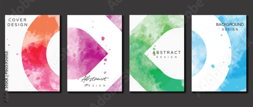 Watercolor art background cover template set. Wallpaper design with infinity  blue  pink  red  green  orange  geometric shape. Abstract illustration for prints  wall art and invitation card  banner.