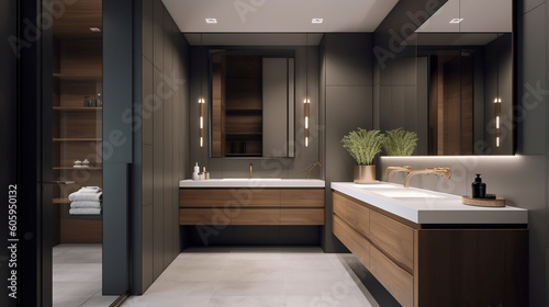 A modern bathroom with a dark tiled floor and wood cabinets  in the style of realistic and hyper. Generative AI