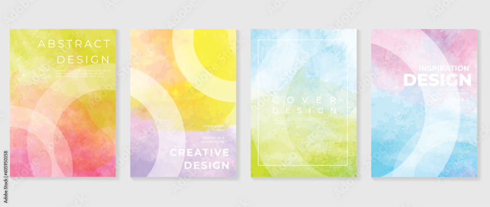 Watercolor art background cover template set. Wallpaper design with circle, square, colorful, geometric shape. Abstract illustration for prints, wall art and invitation card, banner.