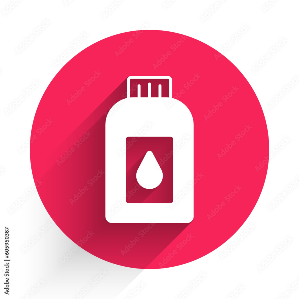 White Canister for motor machine oil icon isolated with long shadow background. Oil gallon. Oil change service and repair. Red circle button. Vector White Canister for motor machine oil icon isolated with long shadow background. Oil gallon. Oil change service and repair. Red circle button. Vector