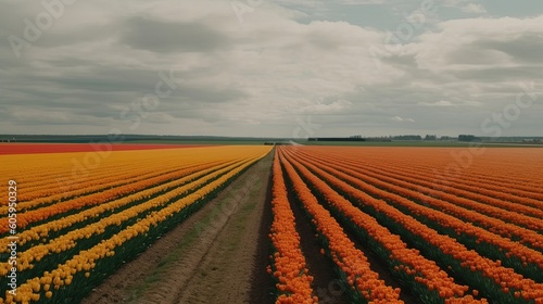 Lose yourself in a sea of vibrant colors as you gaze upon the picturesque tulip fields in the Netherlands. Generated by AI.