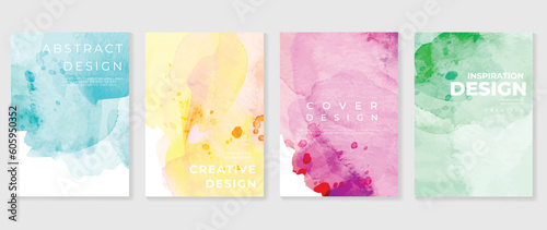 Watercolor art background cover template set. Wallpaper design with paint brush, pink, blue, green, yellow color, brush stroke. Abstract illustration for prints, wall art and invitation card, banner.