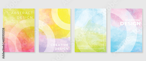 Panel kuchenny z motywem Watercolor art background cover template set. Wallpaper design with circle, square, colorful, geometric shape. Abstract illustration for prints, wall art and invitation card, banner.