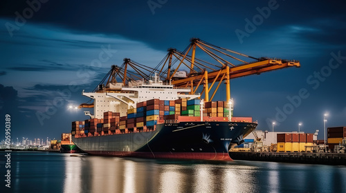 Mega Container Ship Docks and Discharges in Port