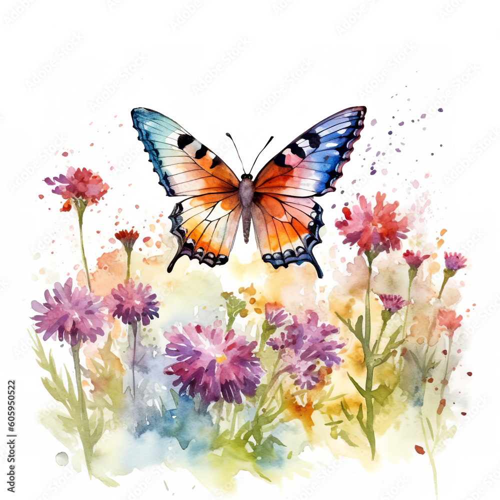 A watercolor painting of a butterfly in a field of flowers. Generative AI. A watercolor painting of a butterfly in a field of flowers. Generative AI.