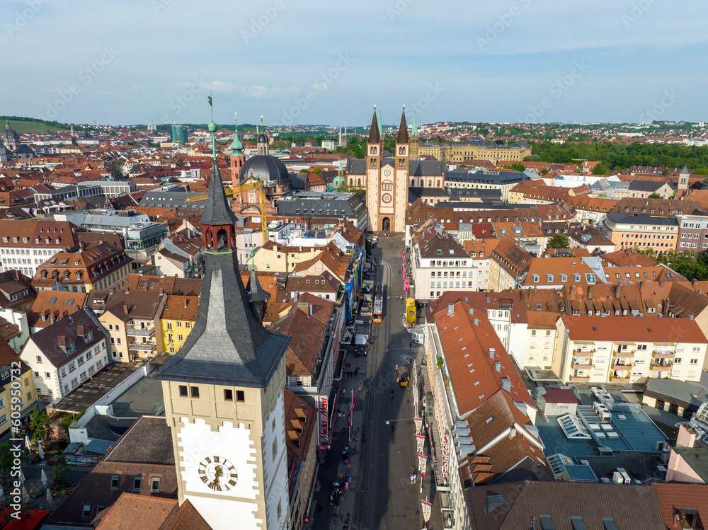 Wurzburg Historical Center Aerial Drone Photo. Old Main Bridge, Wurzburg Cathedral, Marktplatz and walking People
