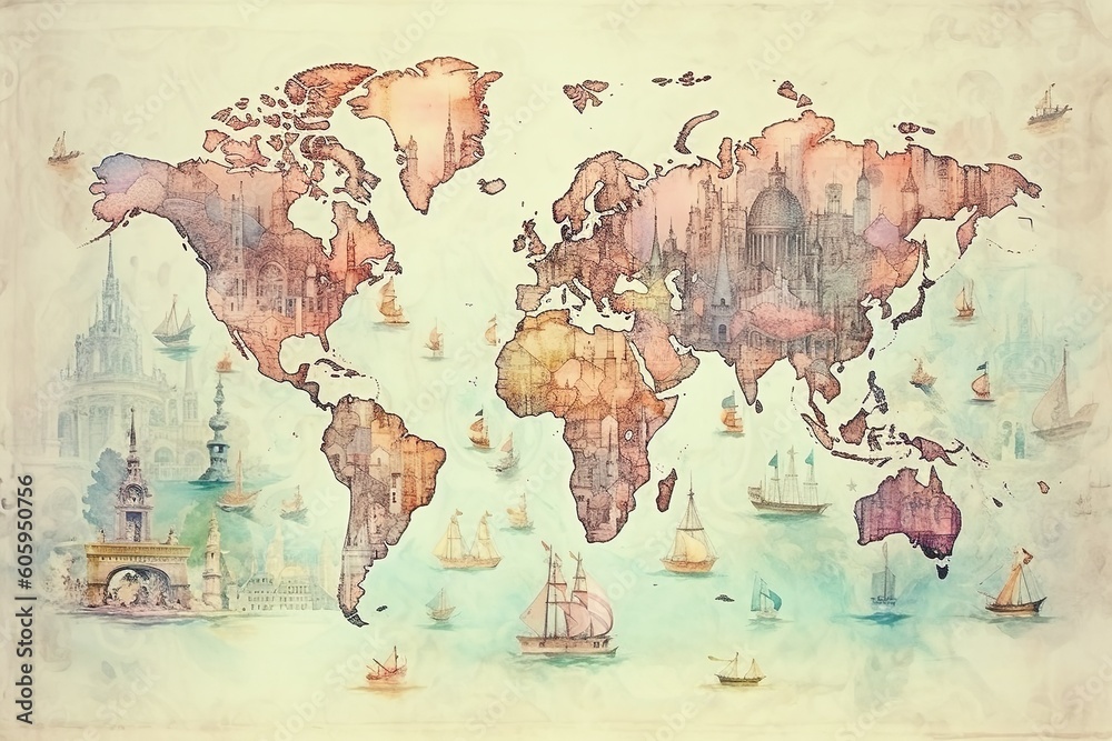 Naklejka premium Vintage world map with hand painted antique cartography style