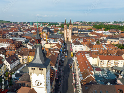 Wurzburg Historical Center Aerial Drone Photo. Old Main Bridge, Wurzburg Cathedral, Marktplatz and walking People