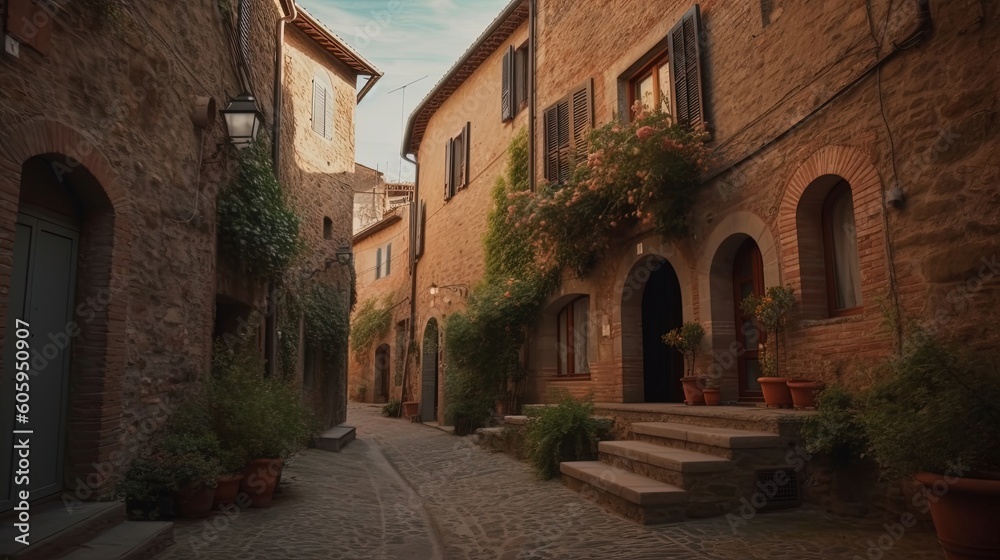 Transport yourself to a quaint European village nestled in the picturesque hills of Tuscany, where charming cobblestone. Generated by AI.