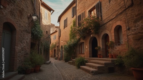 Transport yourself to a quaint European village nestled in the picturesque hills of Tuscany, where charming cobblestone. Generated by AI. © Кирилл Макаров