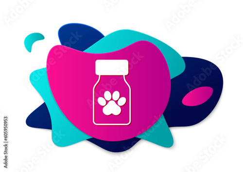 Color Medicine bottle and pills icon isolated on white background. Container with pills. Prescription medicine for animal. Abstract banner with liquid shapes. Vector