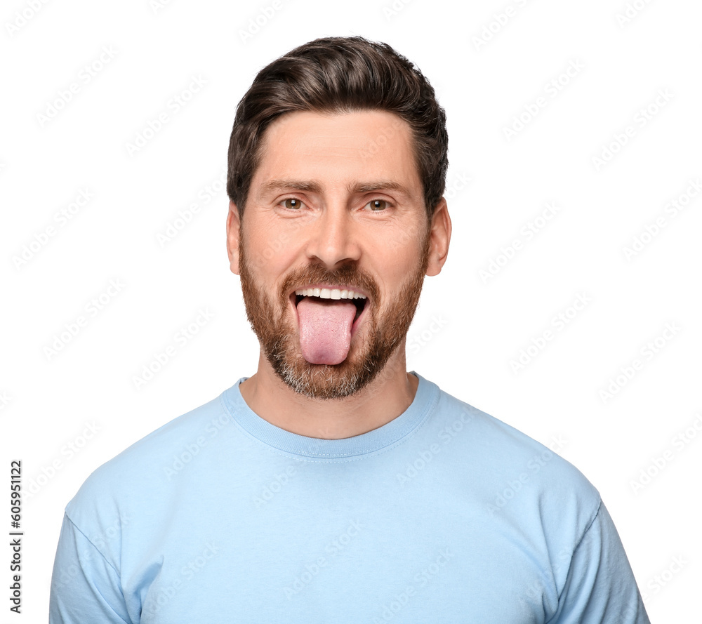 Man showing his tongue on white background Man showing his tongue on white background