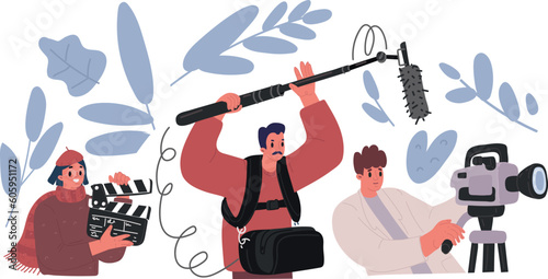 Vector illustration of Flat young men with beard and movies shooting equipment. Concept businessman characters with camera, microphone, spotlight, employee relationship over dark backround