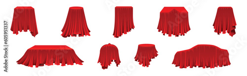 Red Silk Cloth or Smooth Fabric Covering Different Objects Vector Set