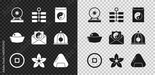 Set Gong, Firework, Yin Yang and envelope, Chinese Yuan currency, Lotus flower, Sushi, and icon. Vector