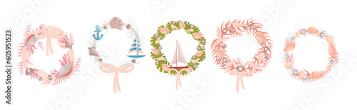Decorative Sea Wreath Arranged of Shells and Conch from Ocean Bottom Vector Set