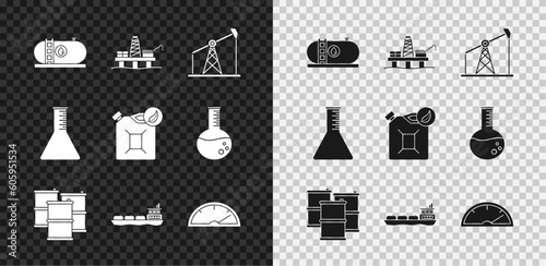 Set Oil industrial factory building, platform the sea, pump pump jack, Barrel oil, tanker ship, Speedometer, petrol test tube and Bio fuel canister icon. Vector