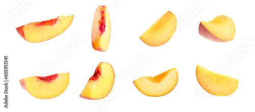 Pieces of fresh juicy peaches on white background