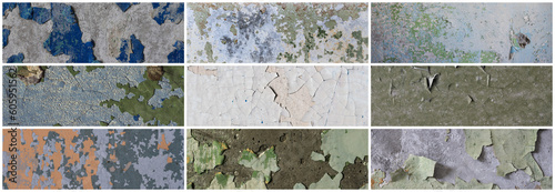 Set of peeling paint textures. Old concrete walls with cracked flaking paint. Weathered rough painted surfaces with patterns of cracks and peeling. Collection of wide panoramic backgrounds for design.
