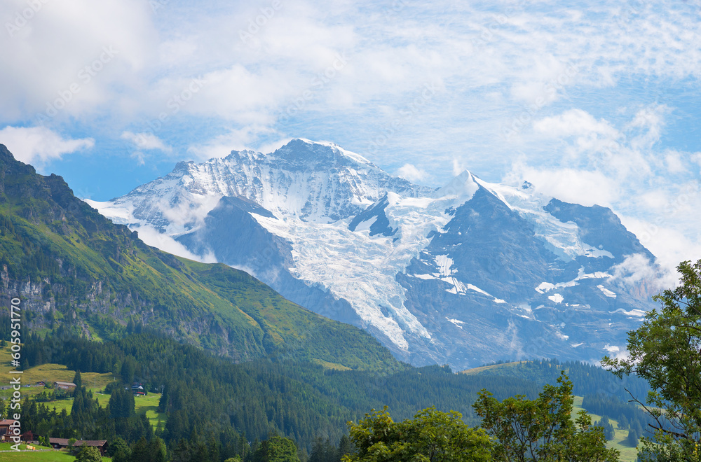 famous Jungfraujoch mountain glacier, view from Wengen, swiss alps canton Bern