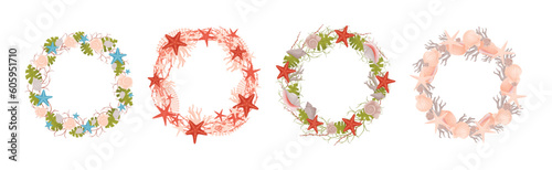 Decorative Sea Wreath Arranged of Shells and Conch from Ocean Bottom Vector Set