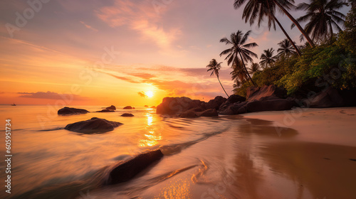 Experiencing Tropical Bliss in a Beach of Crystal-Clear Waters, Swaying Palm Trees, and Vibrant Sunset. Generative AI