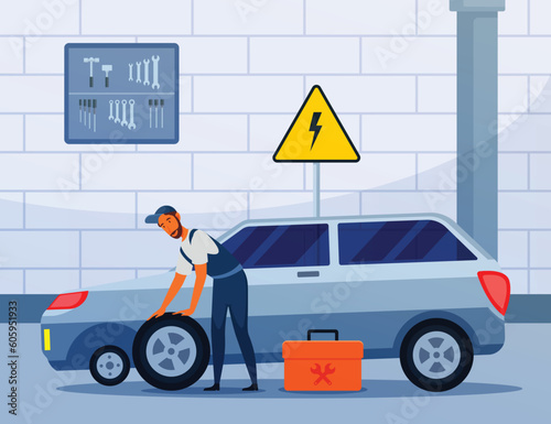 A man fixing a car with a sign that says 'auto repair' on it