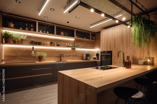a kitchen with lighting from above and below, creating a warm and cozy atmosphere, created with generative ai