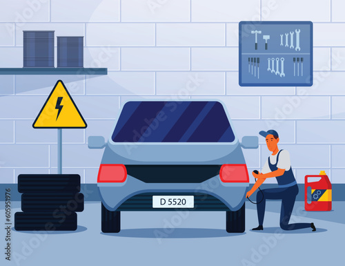 An illustration of a man fixing a car with a sign that says d25