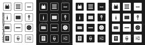Set Flasher siren, Garden fence wooden, Bullet, Bulletproof vest, Car key with remote, Prison window, Target sport and Credit card icon. Vector