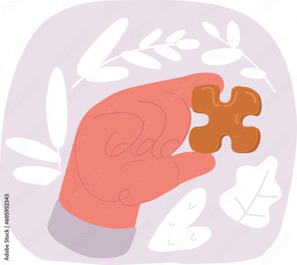 Vector illustration of female hand holding a blue puzzle piece