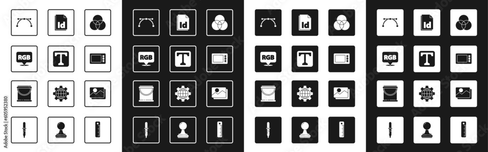 Set RGB and CMYK color mixing, Text, Speech bubble with, Bezier curve, Graphic tablet, ID File document, Picture landscape and Paint bucket icon. Vector Set RGB and CMYK color mixing, Text, Speech bubble with, Bezier curve, Graphic tablet, ID File document, Picture landscape and Paint bucket icon. Vector