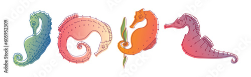 Stylized Sea Horses with Bony Armour and Curled Prehensile Tail Vector Set