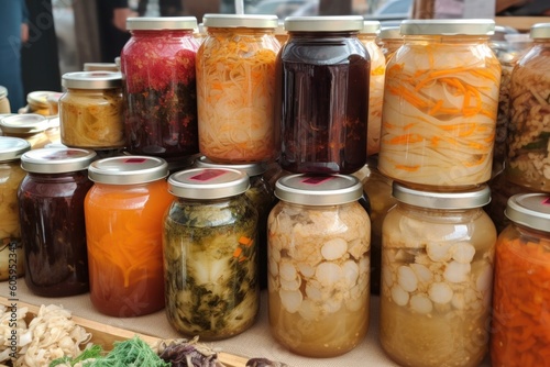 fermented food market, showcasing a variety of different fermented foods, such as kimchi and sauerkraut, created with generative ai photo