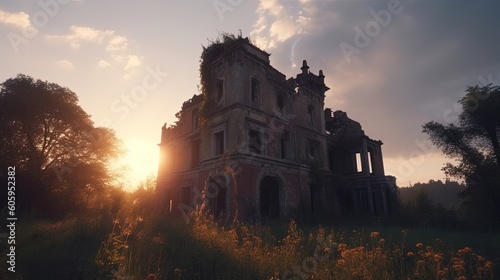 Bathed in the soft light of a setting sun, an abandoned castle stands as a silent witness to the passage of time. Generated by AI.
