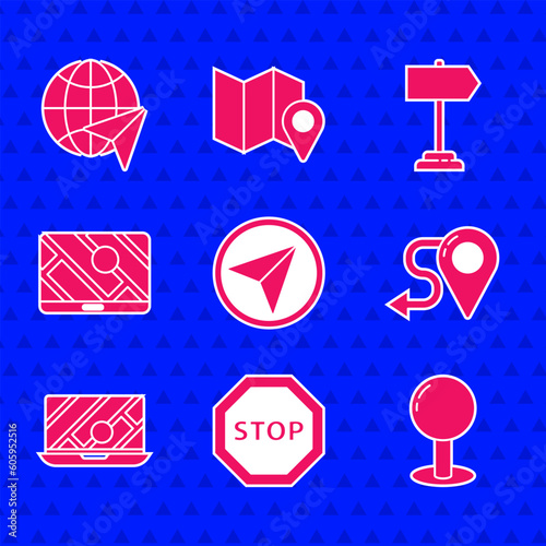 Set Infographic of city map navigation, Stop sign, Push pin, Route location, City, Road traffic and Globe with flying plane icon. Vector