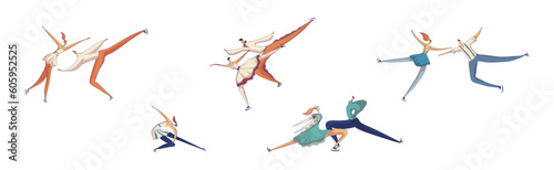 Figure Skating with Male and Female Pair Performing on Ice Vector Set