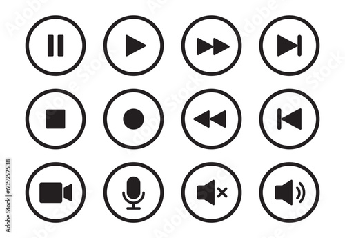 Audio, video, music player circle button icon. Sound control, play, pause button solid icon set. Camera, media control, microphone interface pictogram. Vector illustration.